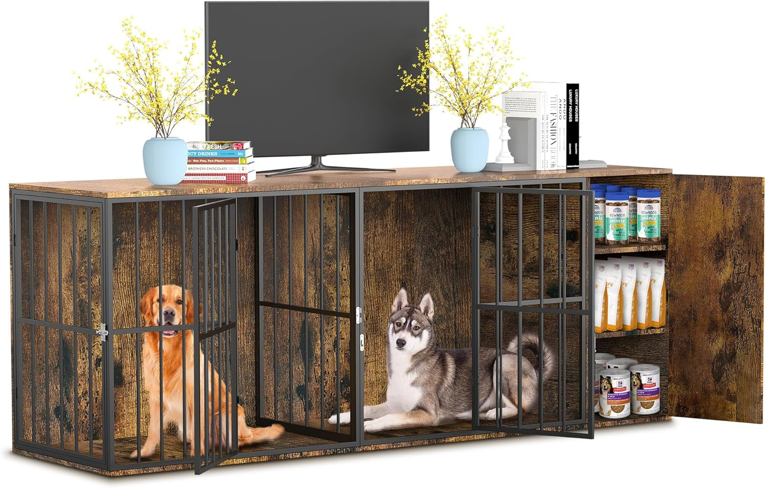 Dog Cage Furniture for 2 Dogs,Large Wooden Crate Furniture TV Stand,Large Crate Furniture with Cabinet and Removable Divider,Indoor Dog House,Pet Storage Cabinet