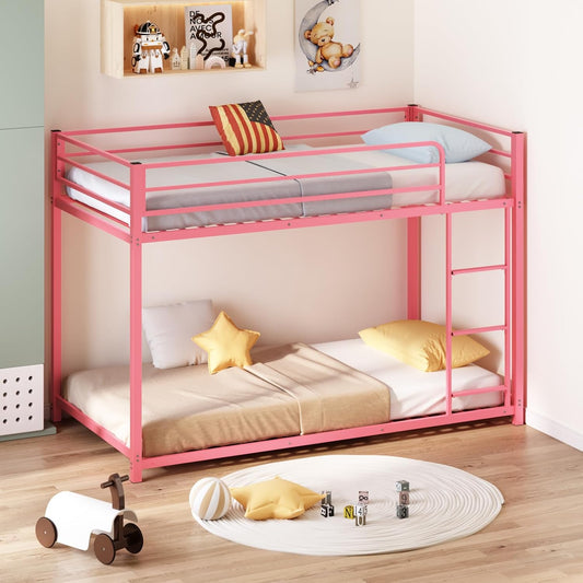 Bunk Bed Twin over Twin, Metal Twin Size Bed Frame with Safety Guardraild for Boys Girls, Junior, Low Profile Space Saving Design, Mattress Not Included (Pink)