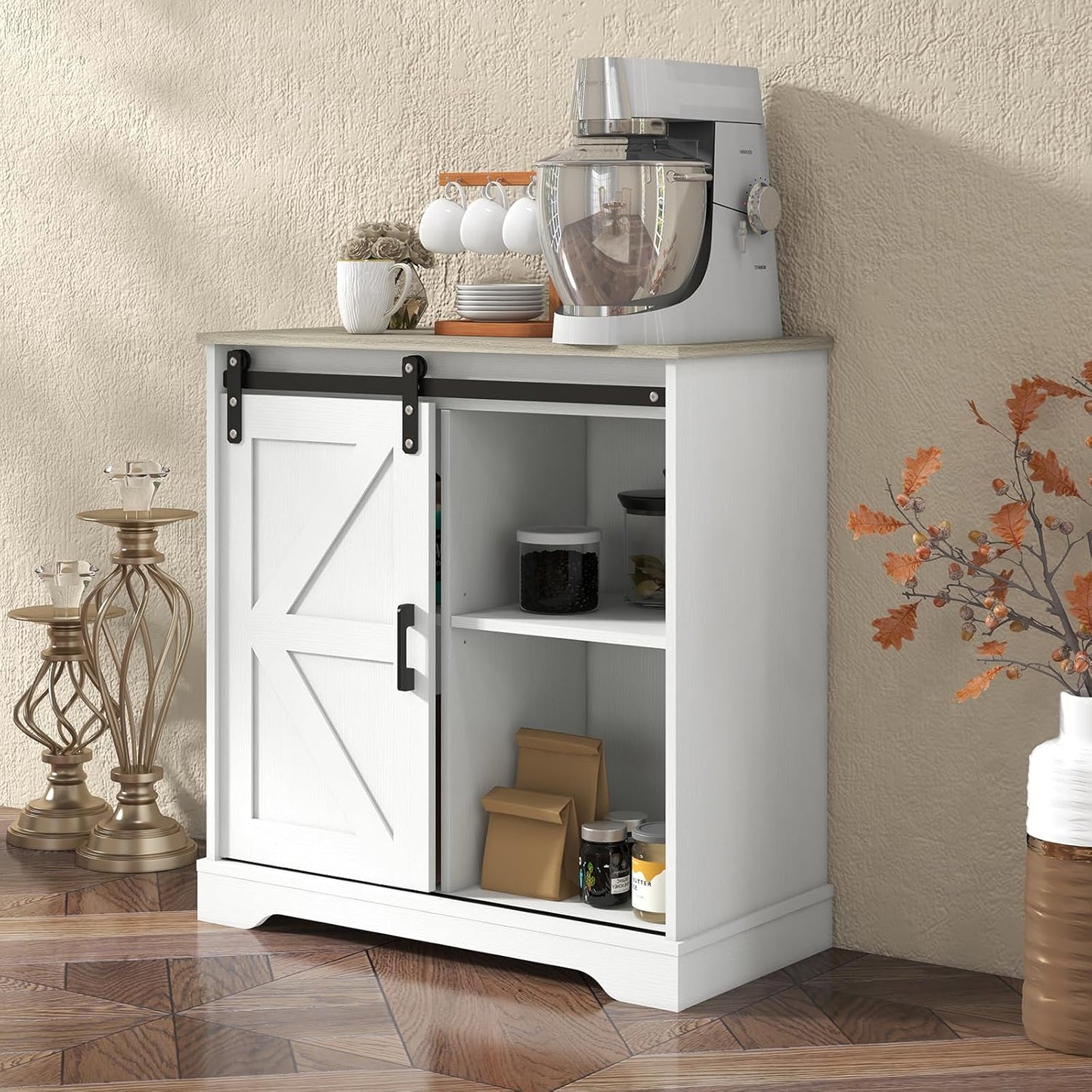 Sliding Barn Door Buffet Sideboard Storage Cabinet Coffee Bar Kitchen Farmhouse Style (White Cabinet Nature Top)