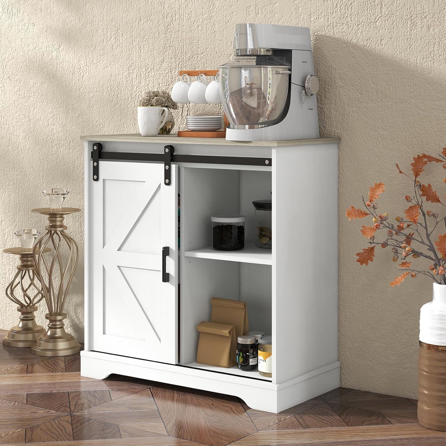 Sliding Barn Door Buffet Sideboard Storage Cabinet Coffee Bar Kitchen Farmhouse Style (White Cabinet Nature Top)