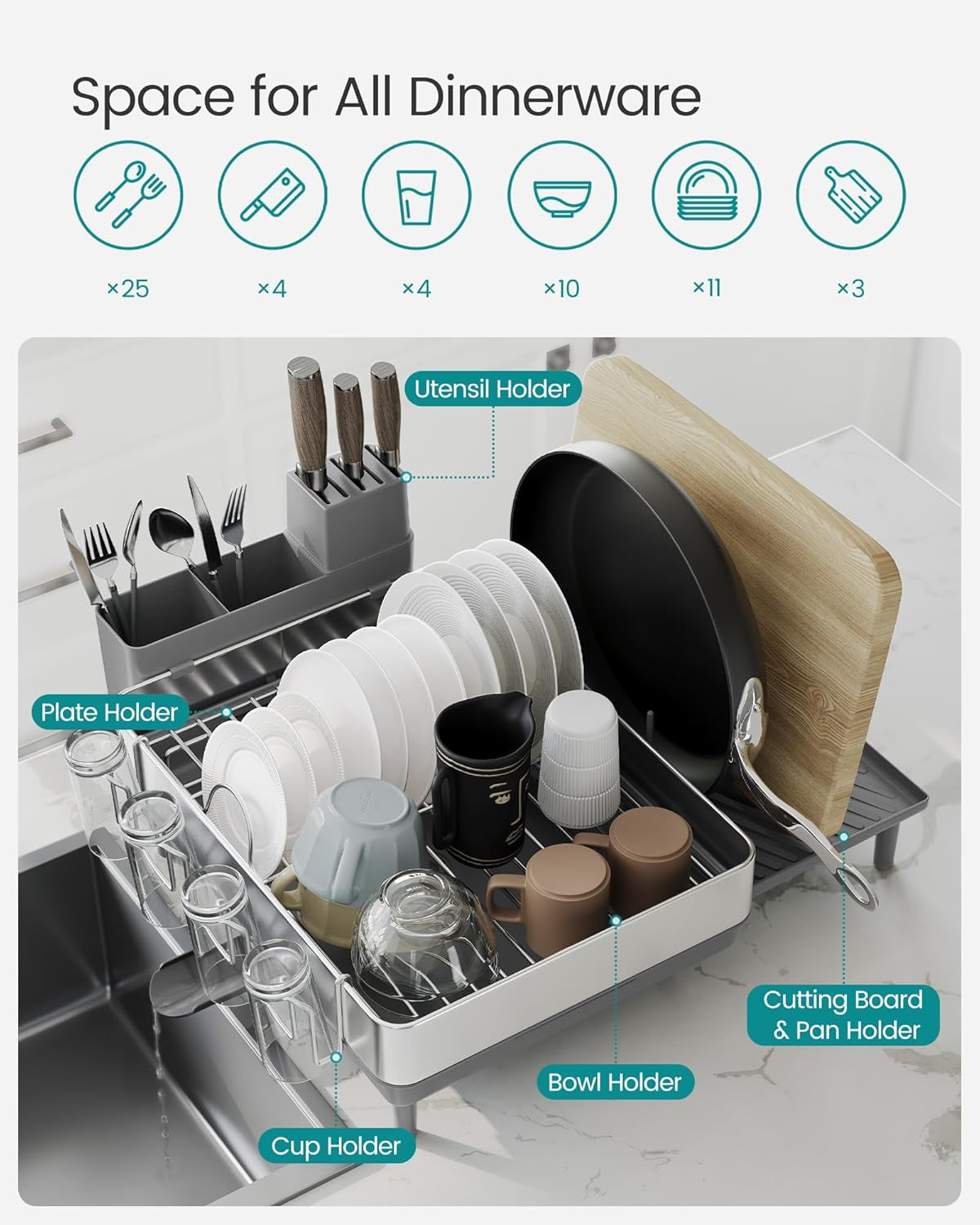 Large Dish Drying Rack, Expandable Dish Dryer for Kitchen Counter, Stainless Steel Dish Rack with Rotatable Spout, Utensil, Cup, Glass, Cutting Board, Pan Holders, Silver and Gray UKCS037G01