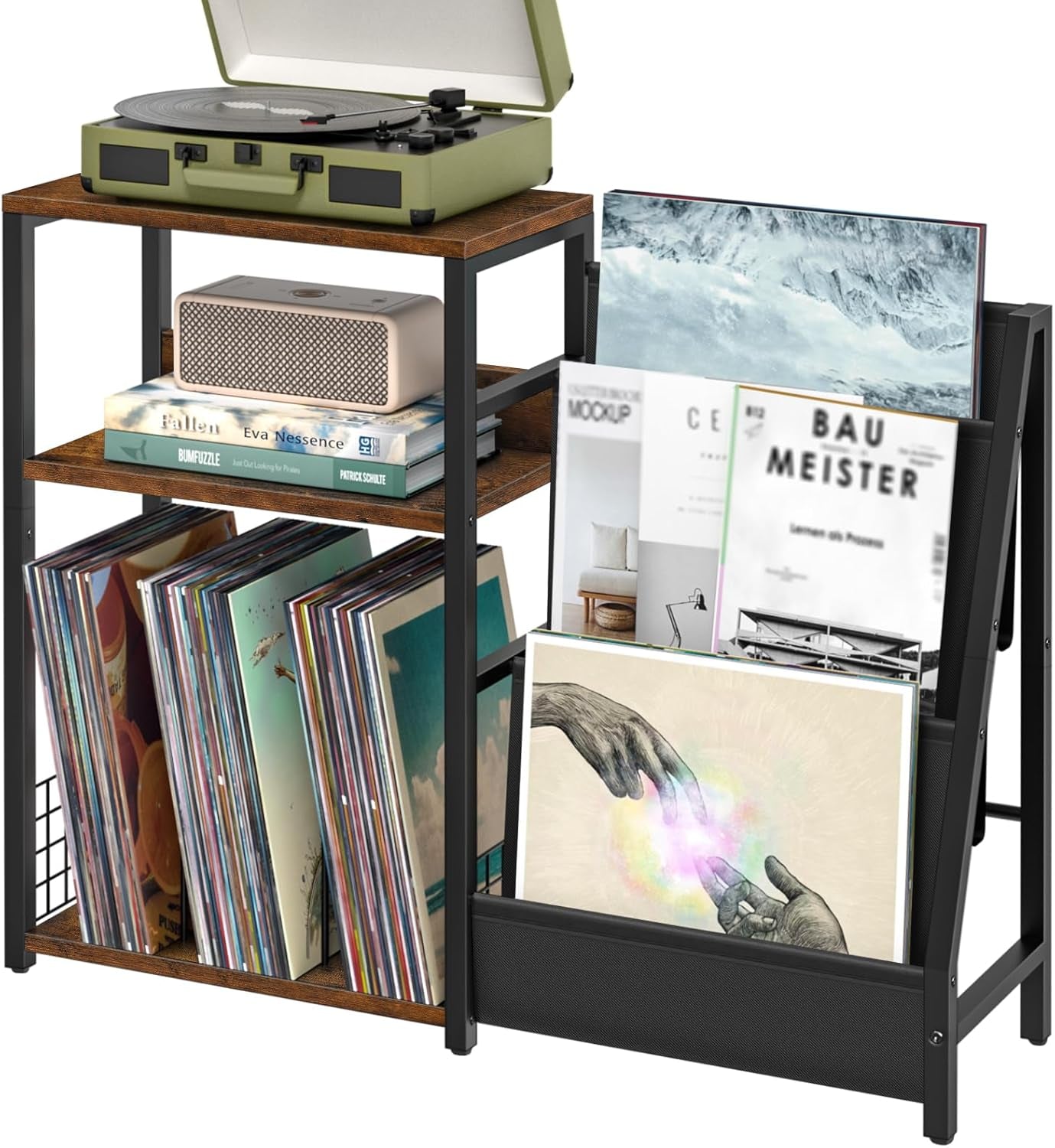 Record Player Stand with Vinyl Storage, 3 Tier Turntable Stand with Display Shelf Storage up to 150 Albums,Brown End Table for Living Room