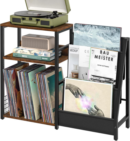 Record Player Stand with Vinyl Storage, 3 Tier Turntable Stand with Display Shelf Storage up to 150 Albums,Brown End Table for Living Room