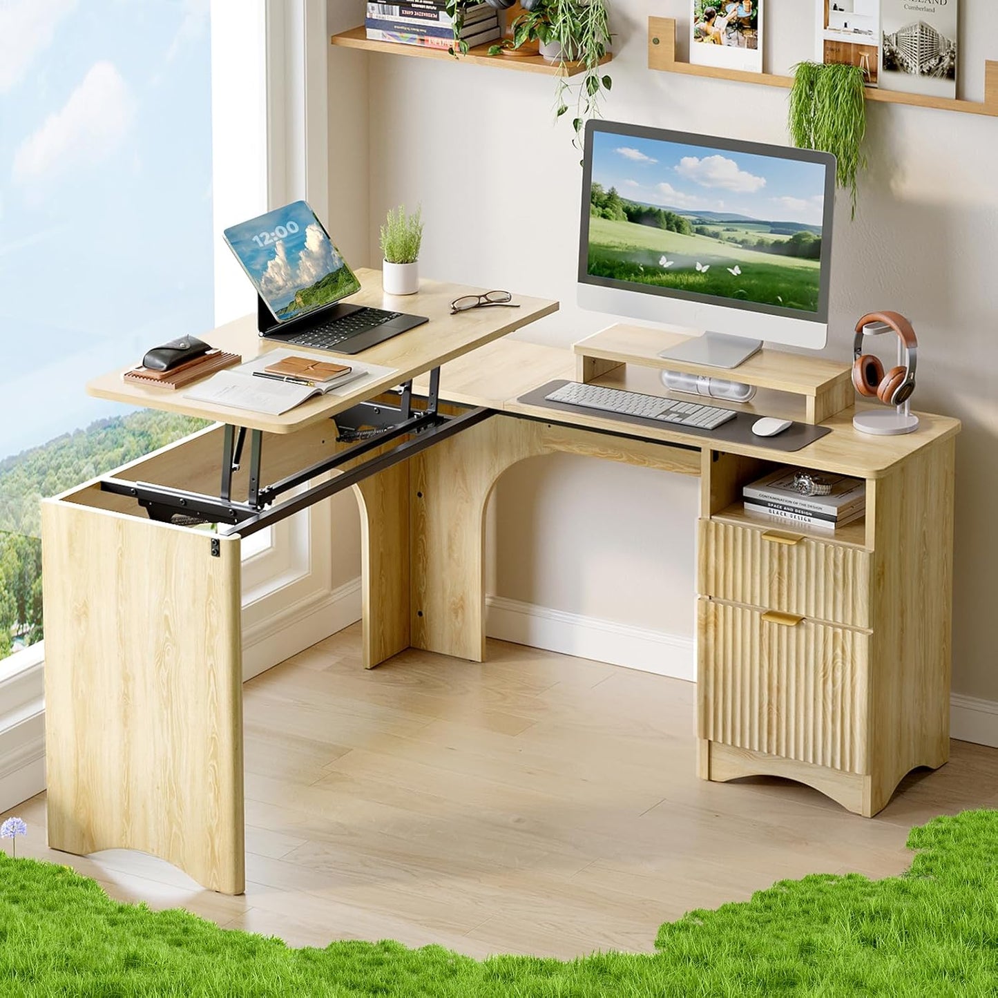 L Shaped Desk with Lift Desktop, 55 Inch Corner Desk with Fluted Panel Deisgn Drawers, Modern Office Desk with File Drawer (Natual Oak, 55'' X 55'' Lift Top)