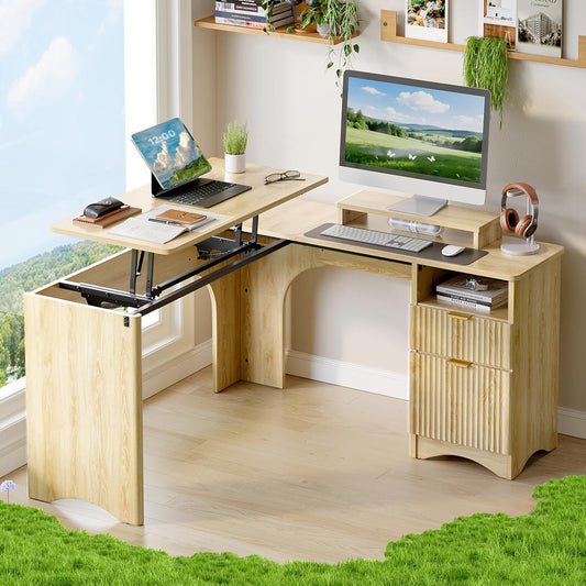 L Shaped Desk with Lift Desktop, 55 Inch Corner Desk with Fluted Panel Deisgn Drawers, Modern Office Desk with File Drawer (Natual Oak, 55'' X 55'' Lift Top)
