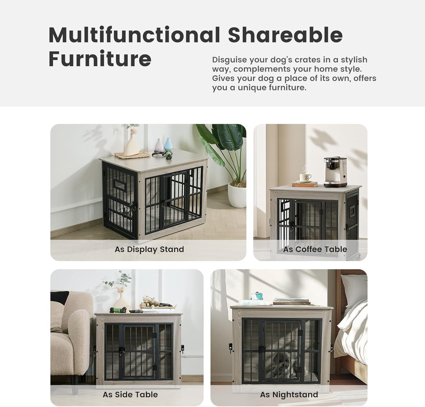 Dog Crate Furniture for Small Dog, 27.2 Inches Dog Kennel Indoor, Wooden Dog Cage End Table, Heavy Duty Dog Crates, Rustic Grey