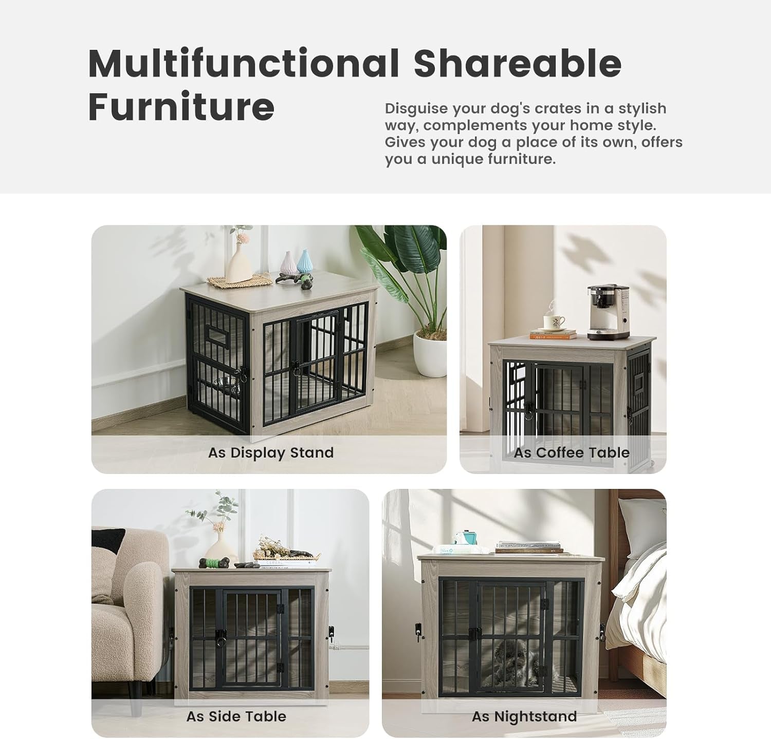 Dog Crate Furniture for Medium Dogs, 32.7 Inch Dog Kennel Indoor, Wooden Dog Cage End Table with 2 Removable Bowls, Heavy Duty Dog Crate, Rustic Brown