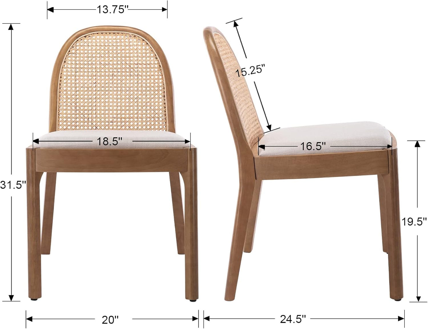 Mid-Century Modern Rattan Dining Chairs Set of 2, Wooden Dining Room Chair with Cane Backrest and Padded Seat, Linen Upholstered Dining Chair, Natural Finish, Beige