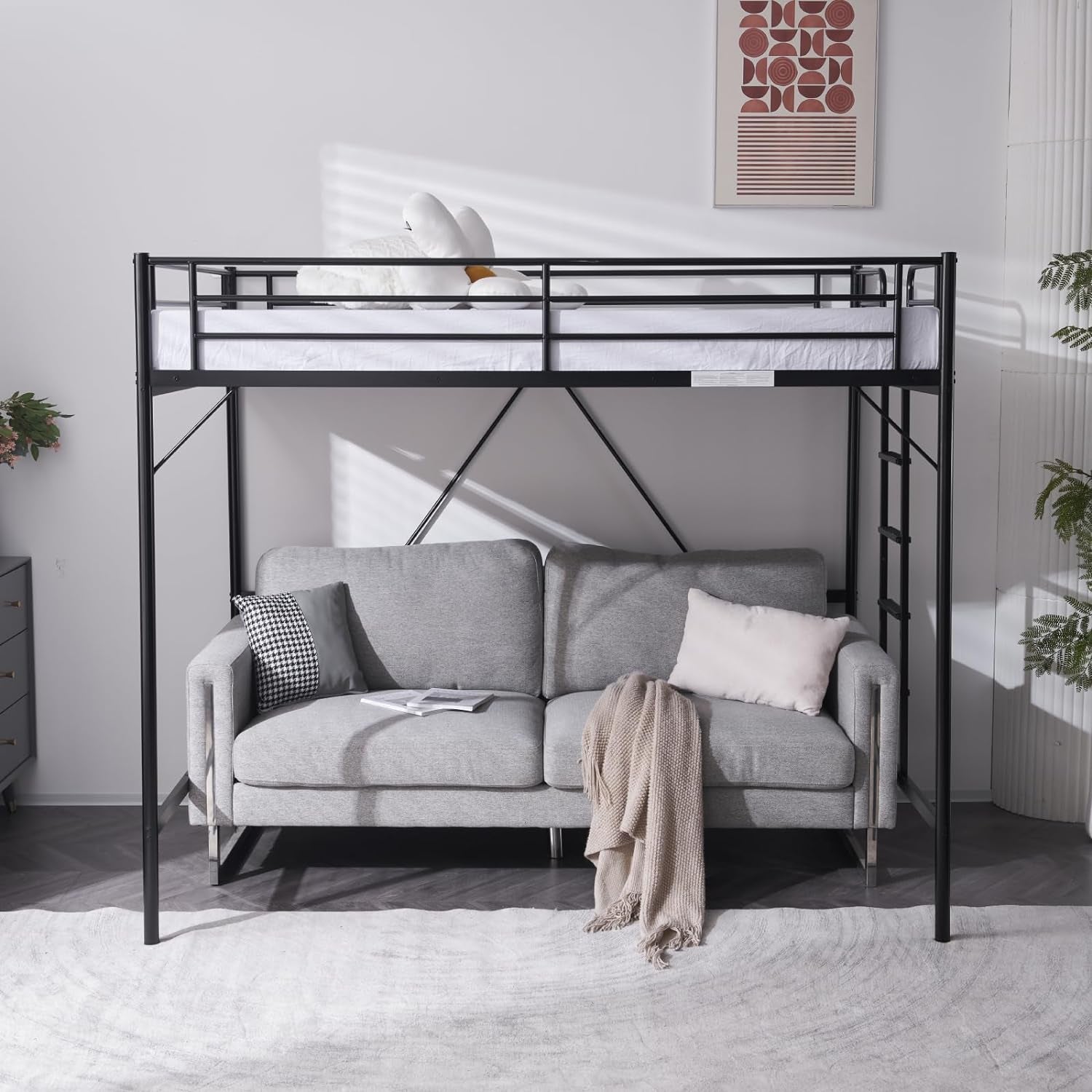 Loft Bed Full Size with Flat Rungs for Adults, Kids and Young Teens, No Box Spring Required,Heavy Duty Metal Slat Support,Black