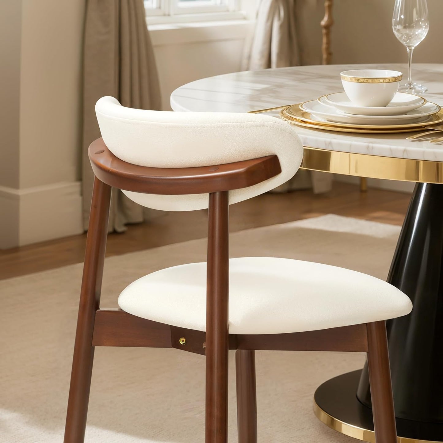 Dining Chairs Set of 4, Upholstered Wooden Dining Room Chairs, Mid Century Modern Fabric Kitchen Chair with Ergonomic Curved Backrest, Beige (Only Chairs)