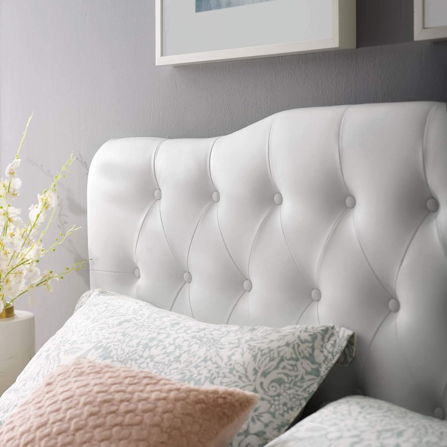 Annabel Tufted Button Faux Leather Upholstered Queen Headboard in White