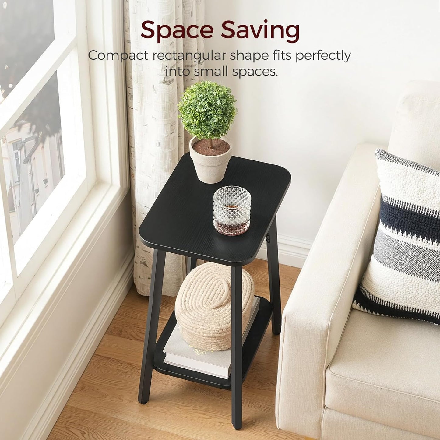 Side Table, Small Rectangular End Table with Storage Shelf, 2-Tier Bedside Table Sofa Couch Table, Nightstand for Small Spaces, Living Room, Bedroom, Black ETBK4701