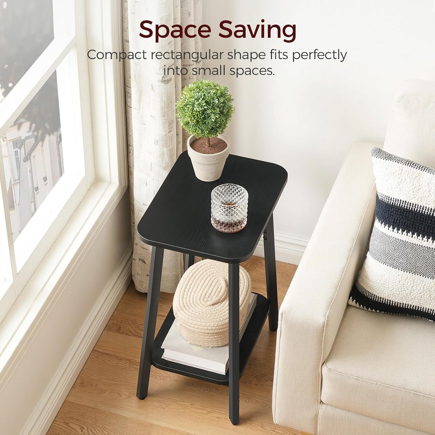 Side Table, Small Rectangular End Table with Storage Shelf, 2-Tier Bedside Table Sofa Couch Table, Nightstand for Small Spaces, Living Room, Bedroom, Black ETBK4701