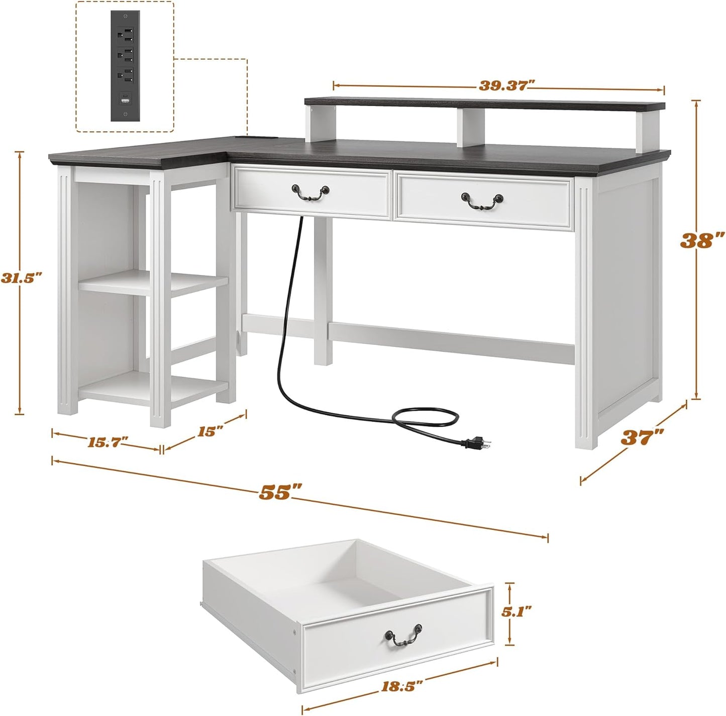 55" L Shaped Farmhouse Computer Desk with Drawers, Office Desk with Long Monitor Stand & Storage Shelves for Bedroom, Desk for Home Office, Desks with Power Outlets & LED Lights, Study Room