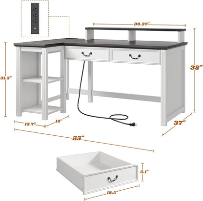 55" L Shaped Farmhouse Computer Desk with Drawers, Office Desk with Long Monitor Stand & Storage Shelves for Bedroom, Desk for Home Office, Desks with Power Outlets & LED Lights, Study Room