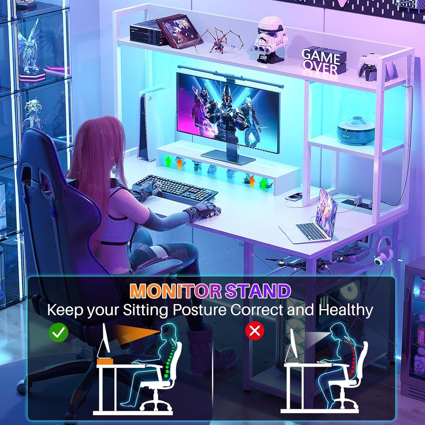 Gaming Desk with Hutch, 47'' Computer Desk with LED Lights & Power Outlets, Home Office Desk with Reversible 5 Tiers Storage Shelves & Monitor Stand, Small Gaming Table for Small Space, White