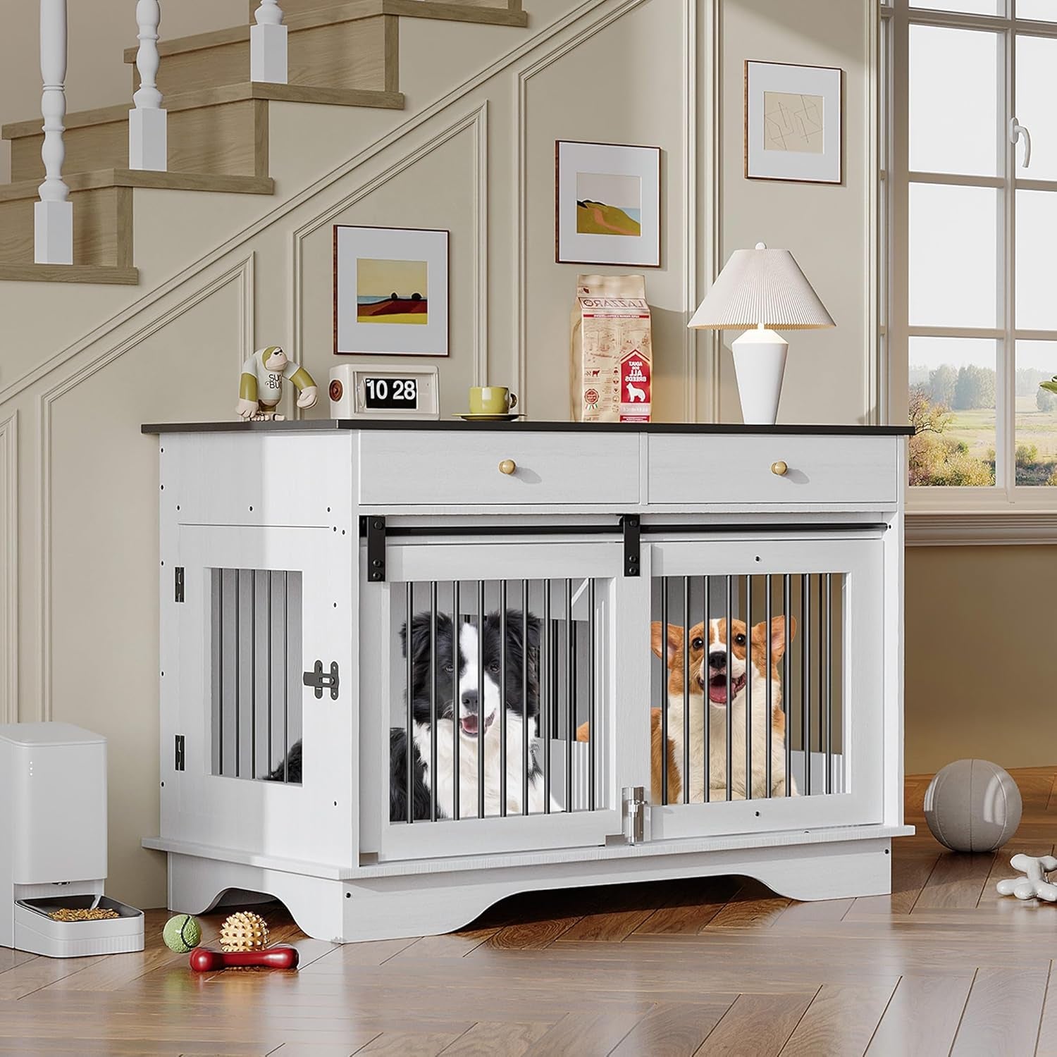 Dog Furniture Crate, 47" Large Dog Crate Furniture W/ 2 Storage Draws & Removable Divider for Large/Medium/Small Dogs (White, One Cage)