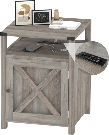 Grey farmhouse nightstand with charging station and storage