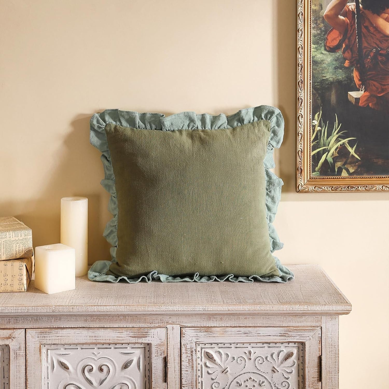 Green Shabby Chic Decorative Throw Pillow Covers 18X18 Set of 2,Farmhouse Linen Pillow Covers with Ruffles,Square Sturdy Throw Pillow Case for Couch Sofa Bed Living Room