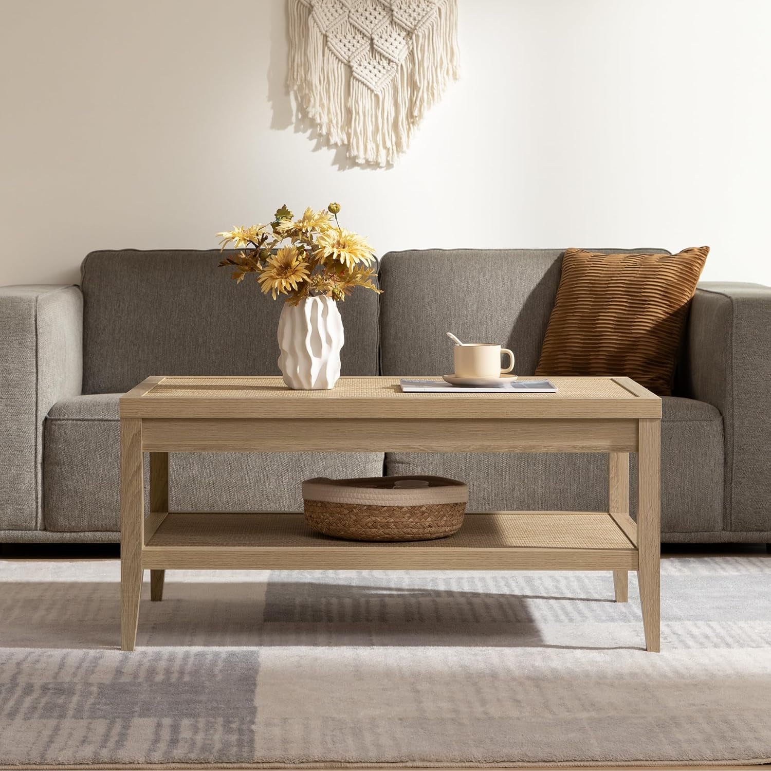 Rattan Coffee Table for Living Room - Boho Rectangular Dining Center Table with 2 -Tiers Rattan Storage Shelf, Farmhouse Accent Table for Living Room, Home Office, Light Oak