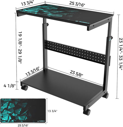 PC Stand Computer Cart, Height Adjustable Tower Stand 2-Tier Suit for ATX Case Printer, Metal Rolling Cart on Wheels for Gaming Home Office, Black