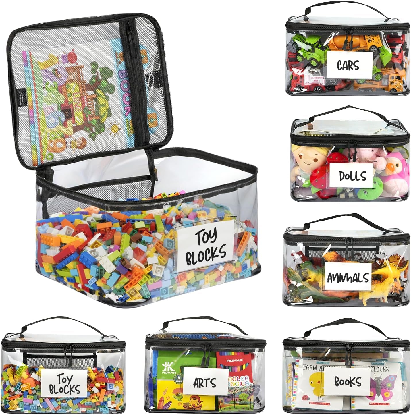 6-Pack Extra Large Toy Storage Bags with Zippers & Labels, Reusable Clear TPU Waterproof Organizer for Kids Toys, Building Blocks, Puzzles, Dolls, Board Games - Durable, Bpa-Free, Travel-Friendly