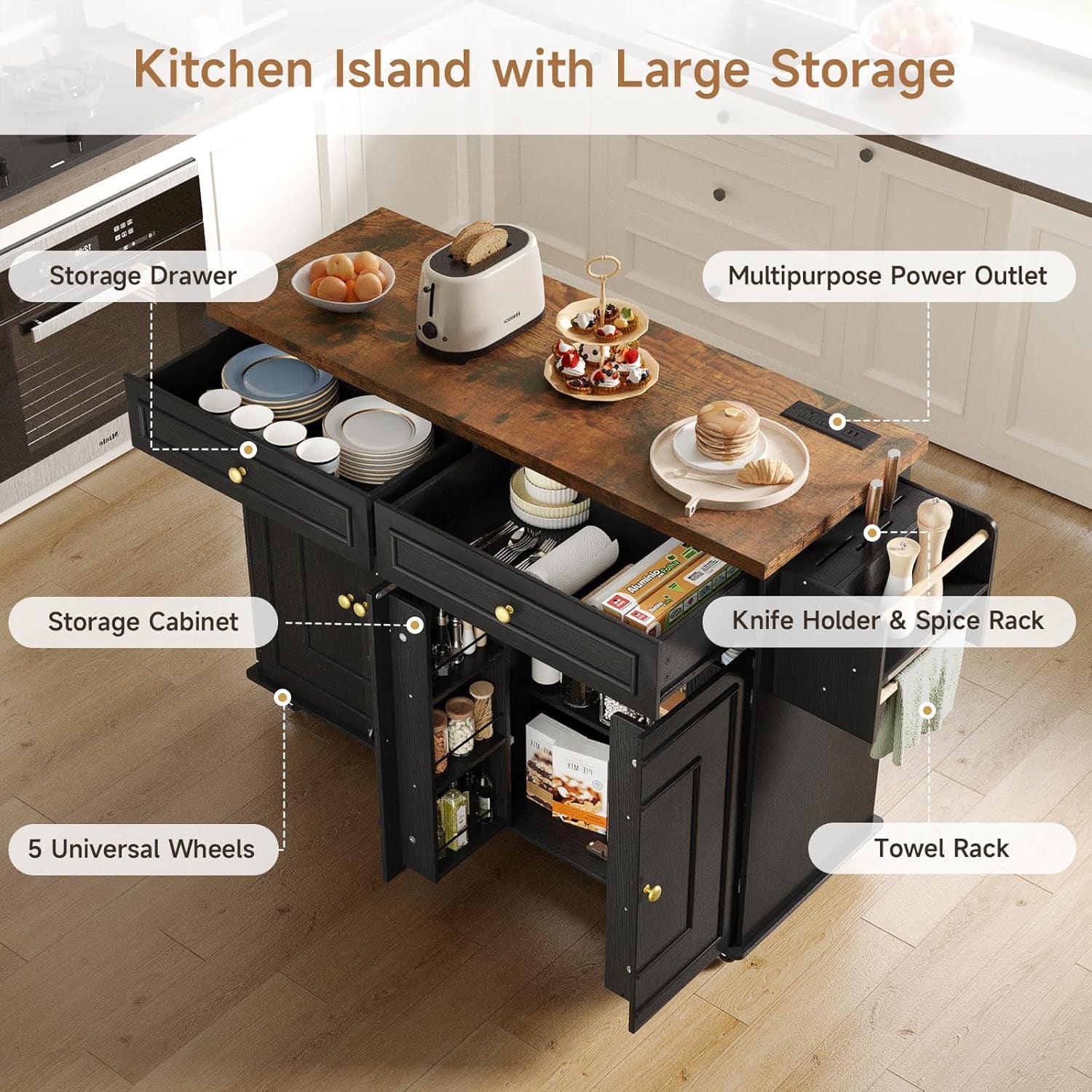 58" Mobile Kitchen Island, Kitchen Island Cart with Power Outlet, Island Table for Kitchen, Home Bar Carts with Storage, Kitchen Rolling Island with Spice Rack & Towel Rack & Knife Holder