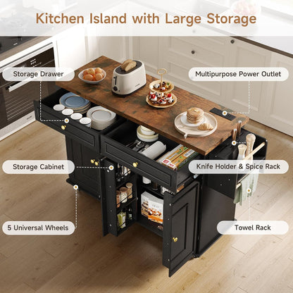 58" Mobile Kitchen Island, Kitchen Island Cart with Power Outlet, Island Table for Kitchen, Home Bar Carts with Storage, Kitchen Rolling Island with Spice Rack & Towel Rack & Knife Holder