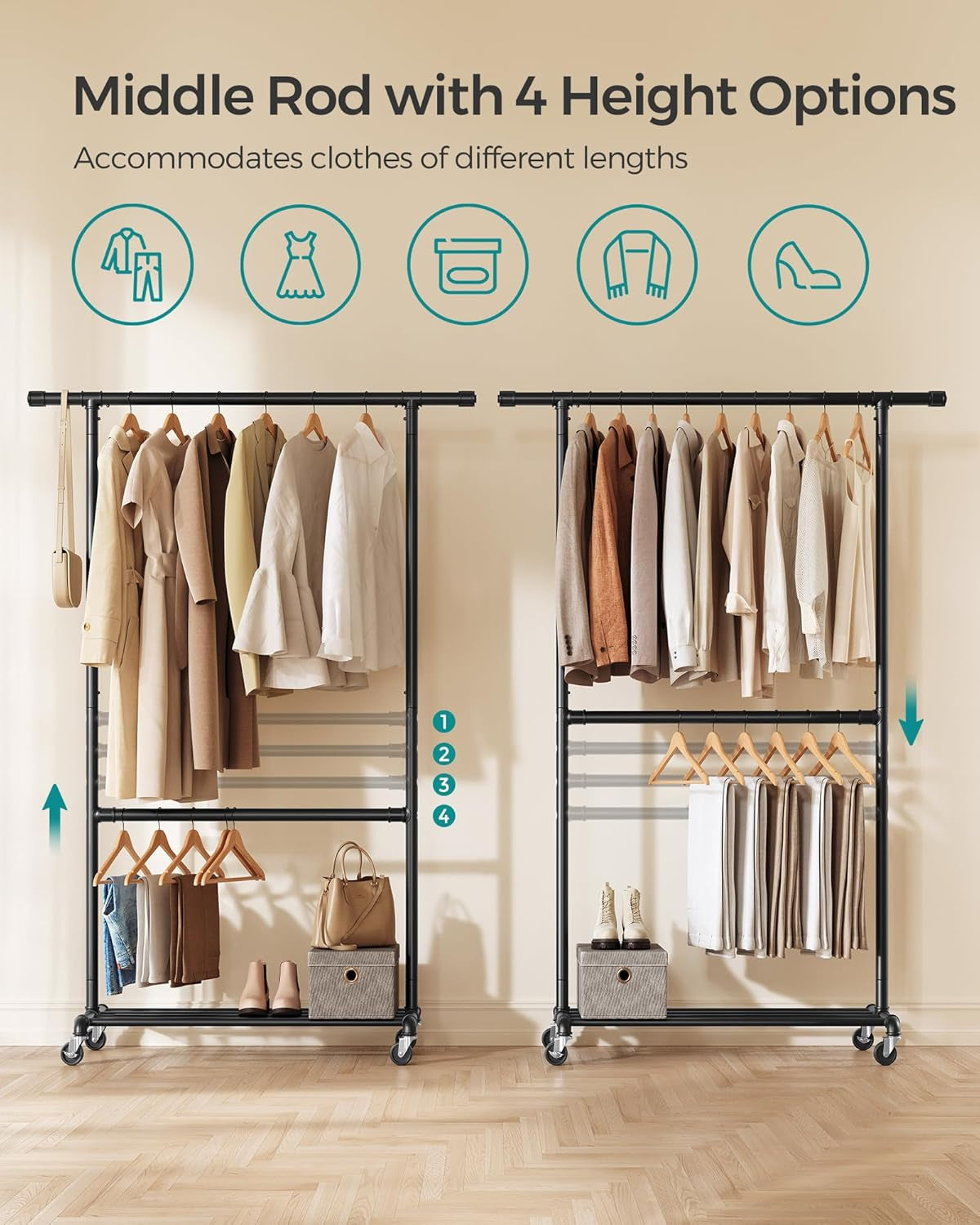 Heavy-Duty Clothes Rack, Double-Rod Clothing Rack for Hanging Clothes, Industrial Garment Rack on Wheels, Adjustable Metal Frame, 2 Casters with Brakes, Commercial Display, Black UHSR62BK