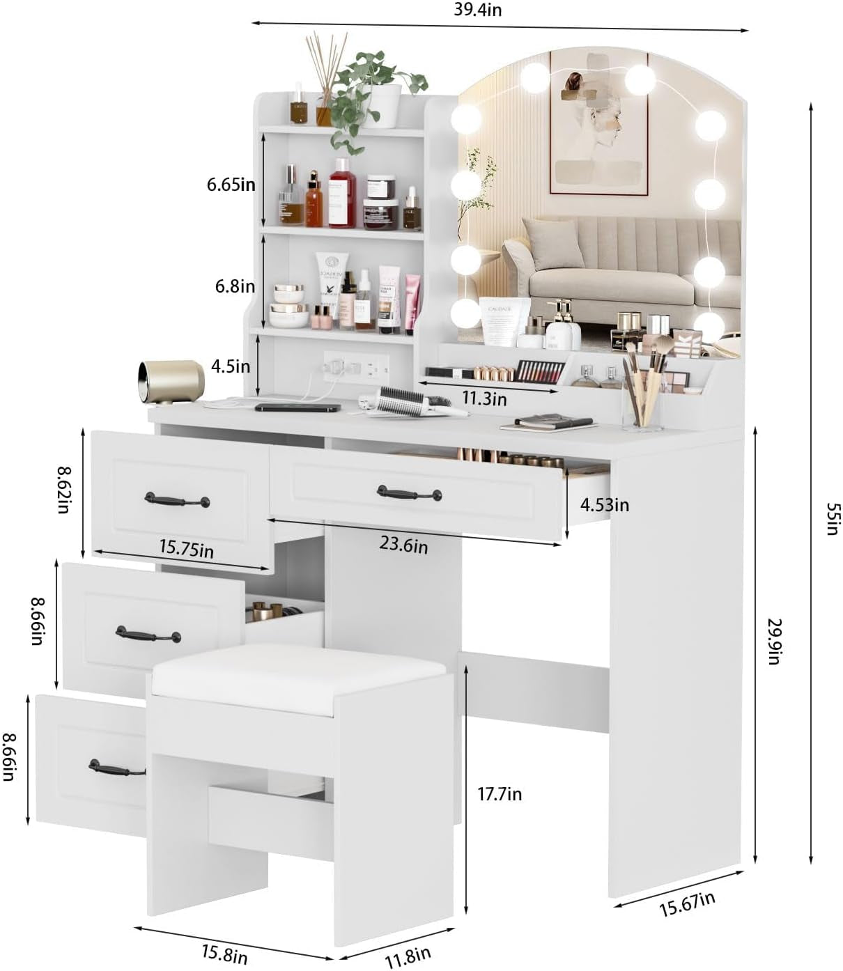 Makeup Vanity Desk with Lights and Charging Station, White Vanity Set Makeup Table with 4 Drawers Lots Storage, 3 Lighting Colors, Large Size 39.4In(W)