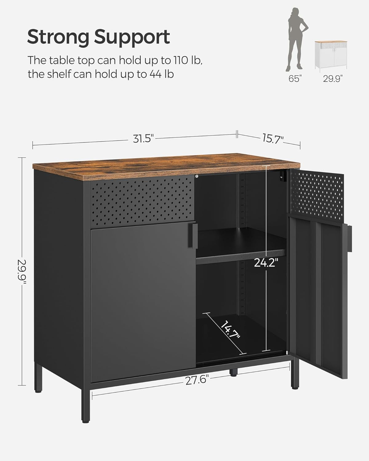 Storage Cabinet, Metal Cabinet, Sideboard with 2 Doors, 15.7 X 31.5 X 29.9 Inches, Magnetic Closure, Adjustable Shelf, Steel Frame, Rustic Brown and Black ULSC102B01