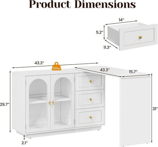 L-Shaped Computer Desk with 3 Drawers & 2 Doors, Modern Corner Desk with Rotatable Tabletop, Large Wood Writing Desk Work Station with Adjustable Shelves for Bedroom, Home Office
