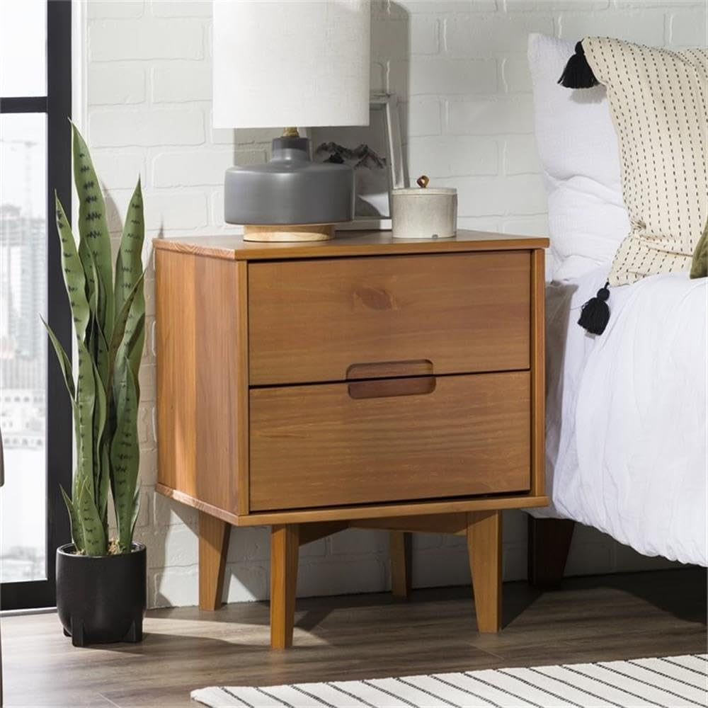 Mid Century Modern Grooved Handle Wood Nightstand Side Table Bedroom Storage Drawer and Shelf Bedside End Table, 2 Drawer, Caramel