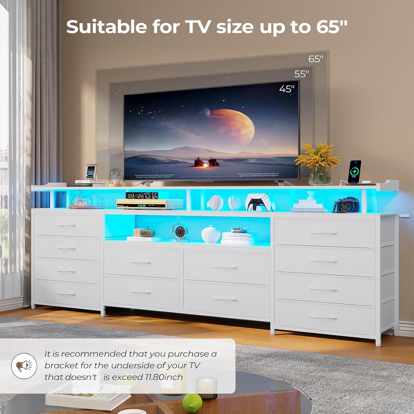 TV Stand Dresser for 65 Inch TV, 63" W Dresser with LED Lights & Charging Station, White Long Dresser with 12 Fabric Drawers, Entertainment Center with Shelves,For Living Room