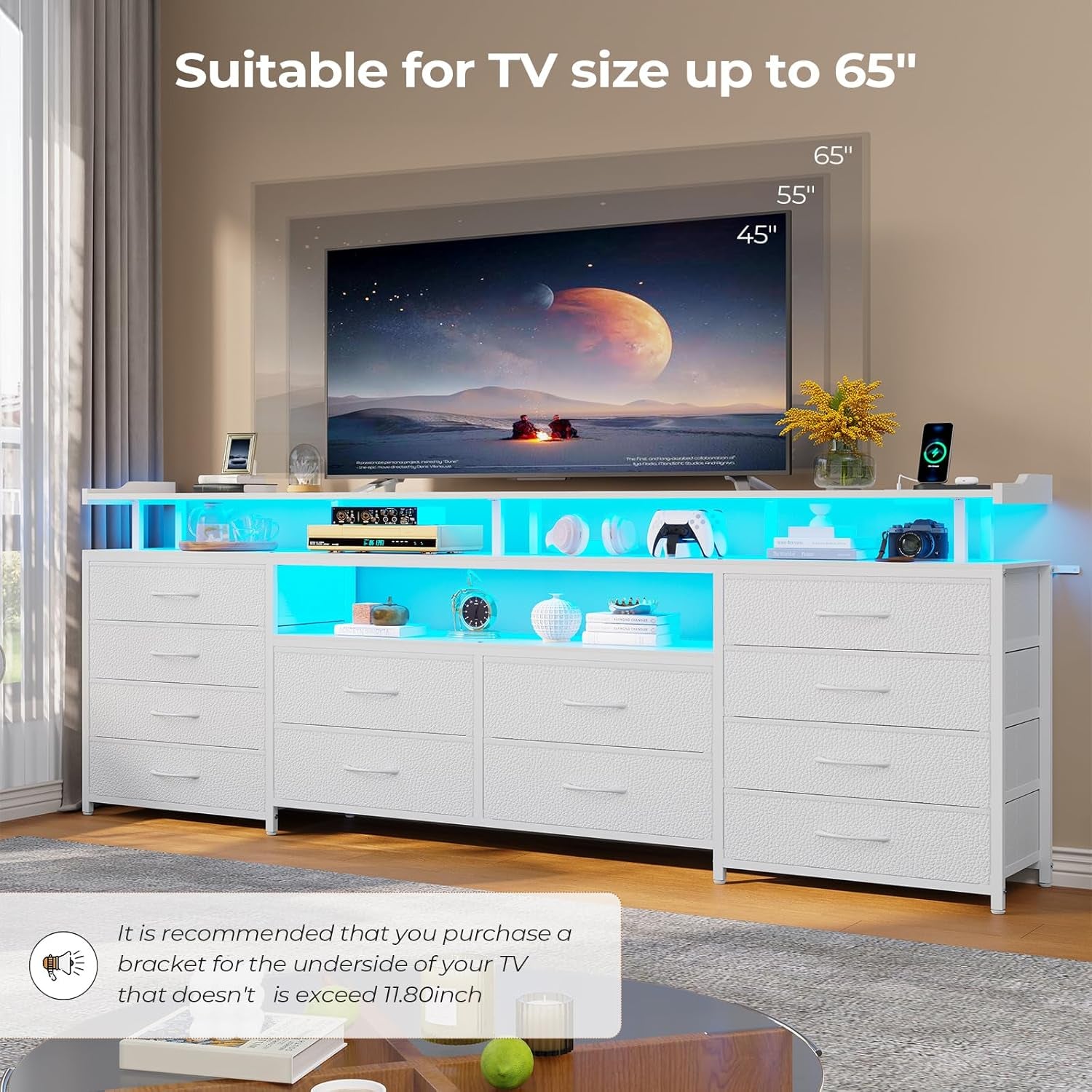 TV Stand Dresser for 65 Inch TV, 63" W Dresser with LED Lights & Charging Station, White Long Dresser with 12 Fabric Drawers, Entertainment Center with Shelves,For Living Room