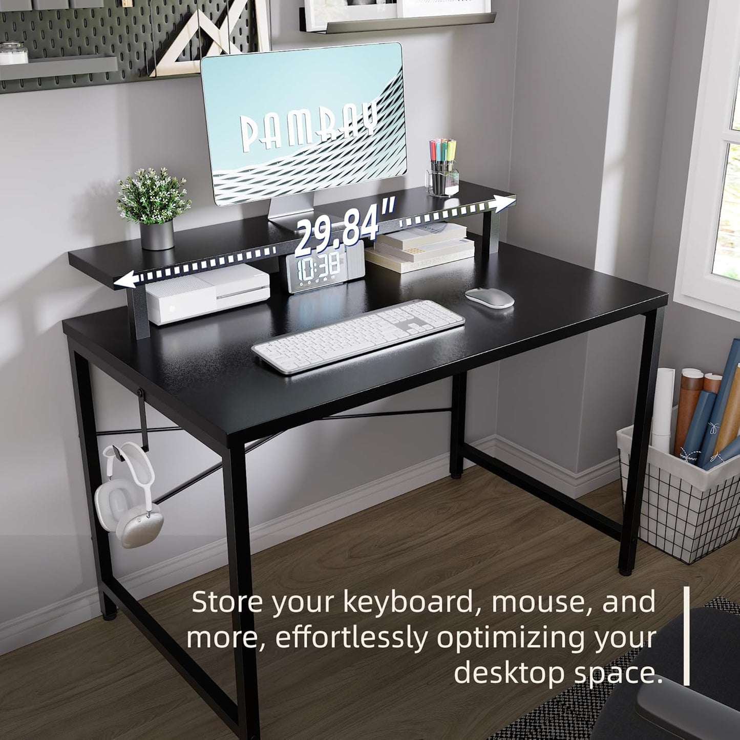 32 Inch Small Computer Desk with Monitor Stand, Simple Office Desk with Headphone Hook for Small Spaces, Kids Study Writing Table for Bedroom, Black