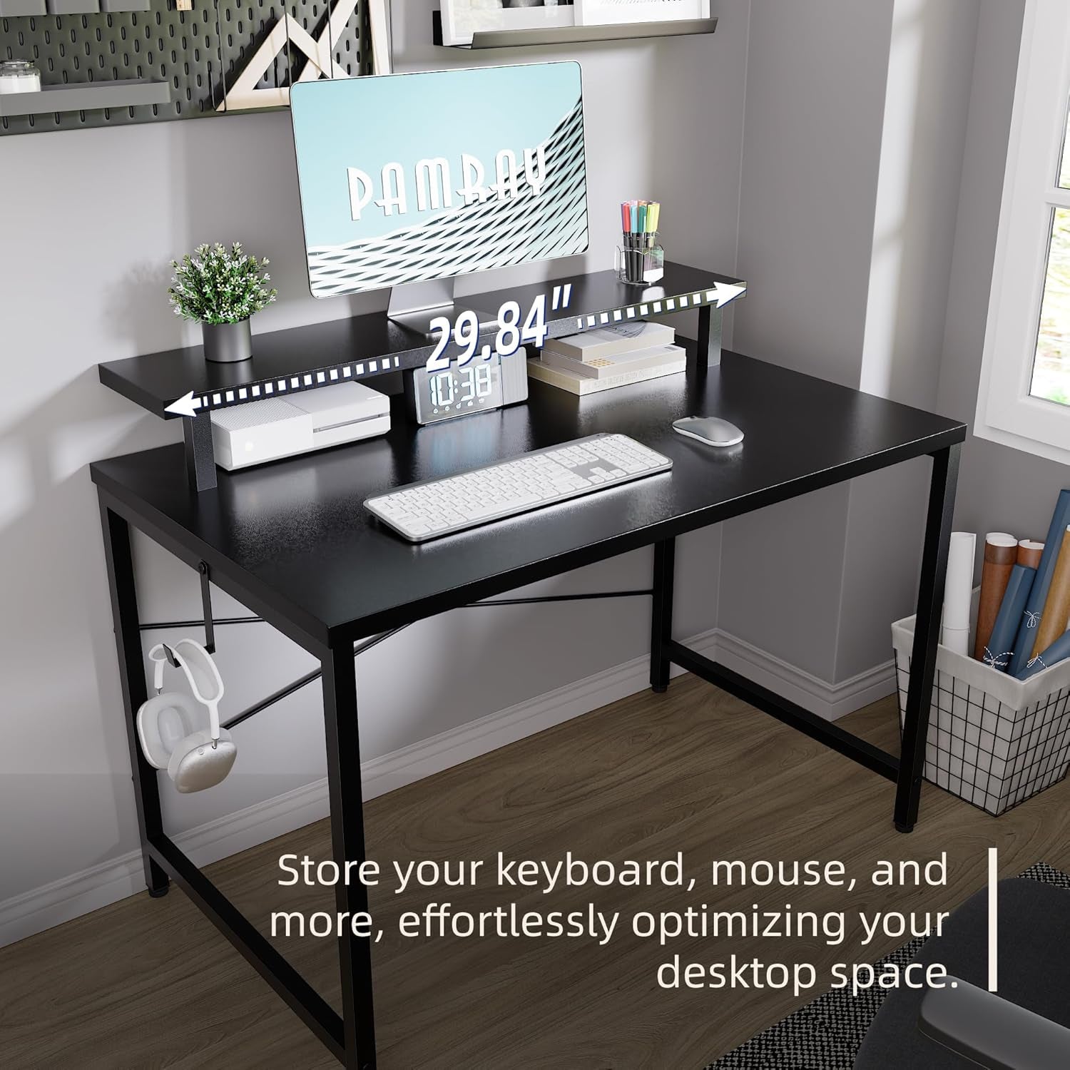 32 Inch Small Computer Desk with Monitor Stand, Simple Office Desk with Headphone Hook for Small Spaces, Kids Study Writing Table for Bedroom, Black