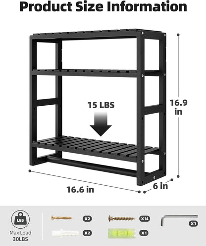 Over the Toilet Storage Bathroom Shelves Wall Mounted 3 Tier Space Saver Corner Shelf Organizer Bamboo Towel Rack Toilet Paper Cabinet with Hanging Rod Black