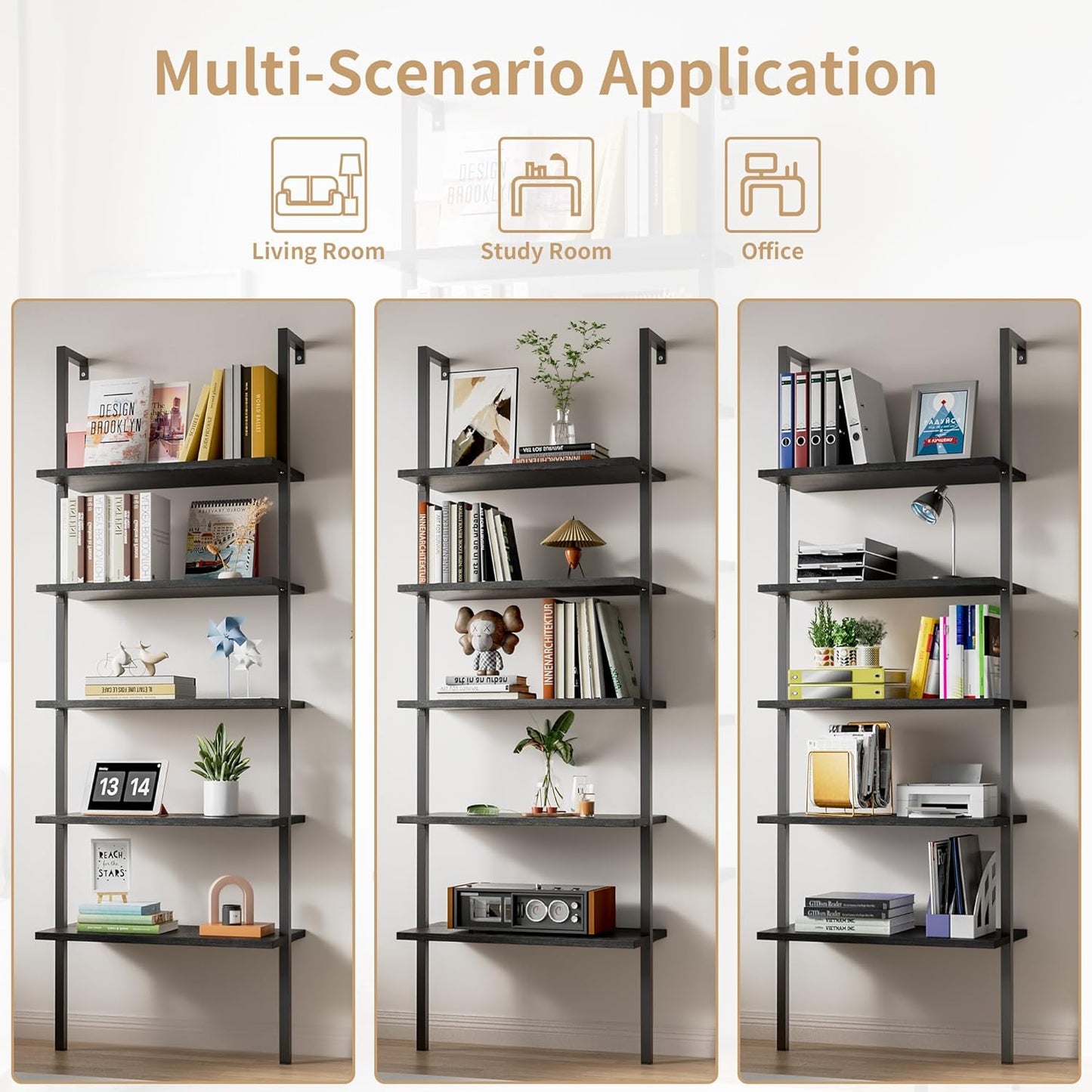 5-Tier Bookshelf Wall Mount Ladder Bookcase Industrial Standing Corner Bookshelf with Wood Board and Metal Frame, Modern Tall Narrow Storage Organizer for Home Office (Black, 1 Piece)