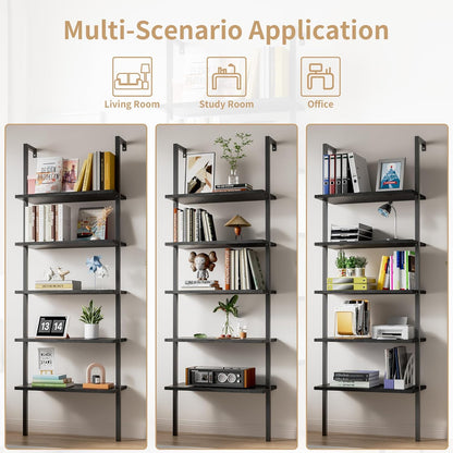 5-Tier Bookshelf Wall Mount Ladder Bookcase Industrial Standing Corner Bookshelf with Wood Board and Metal Frame, Modern Tall Narrow Storage Organizer for Home Office (Black, 1 Piece)