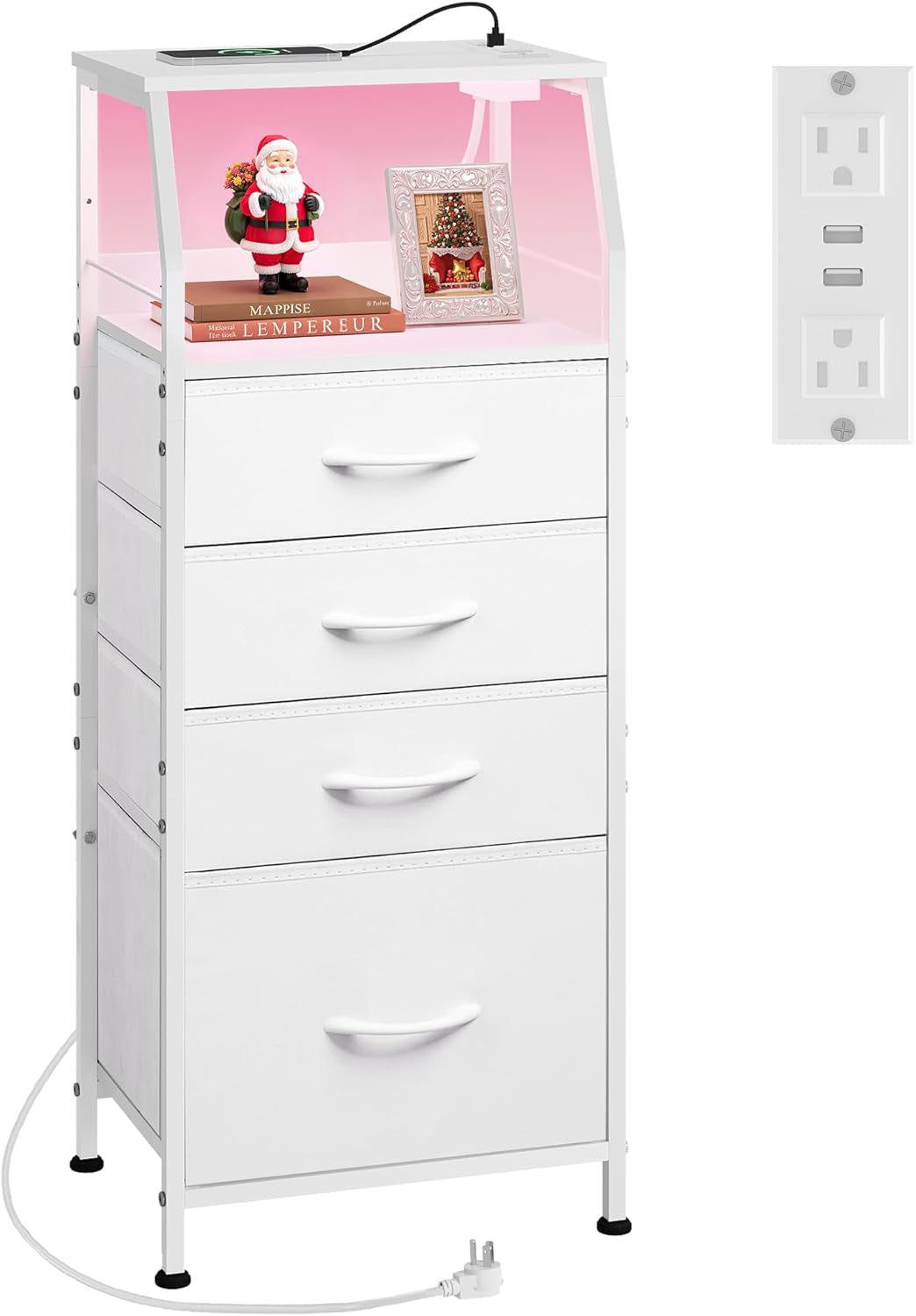 Night Stand with Charger Station, White Nightstand with LED Light and 4 Storage Drawers, Tall Dresser for Bedroom, 37.48" H Bedside Table with Fabric Bins, Wood Shelf