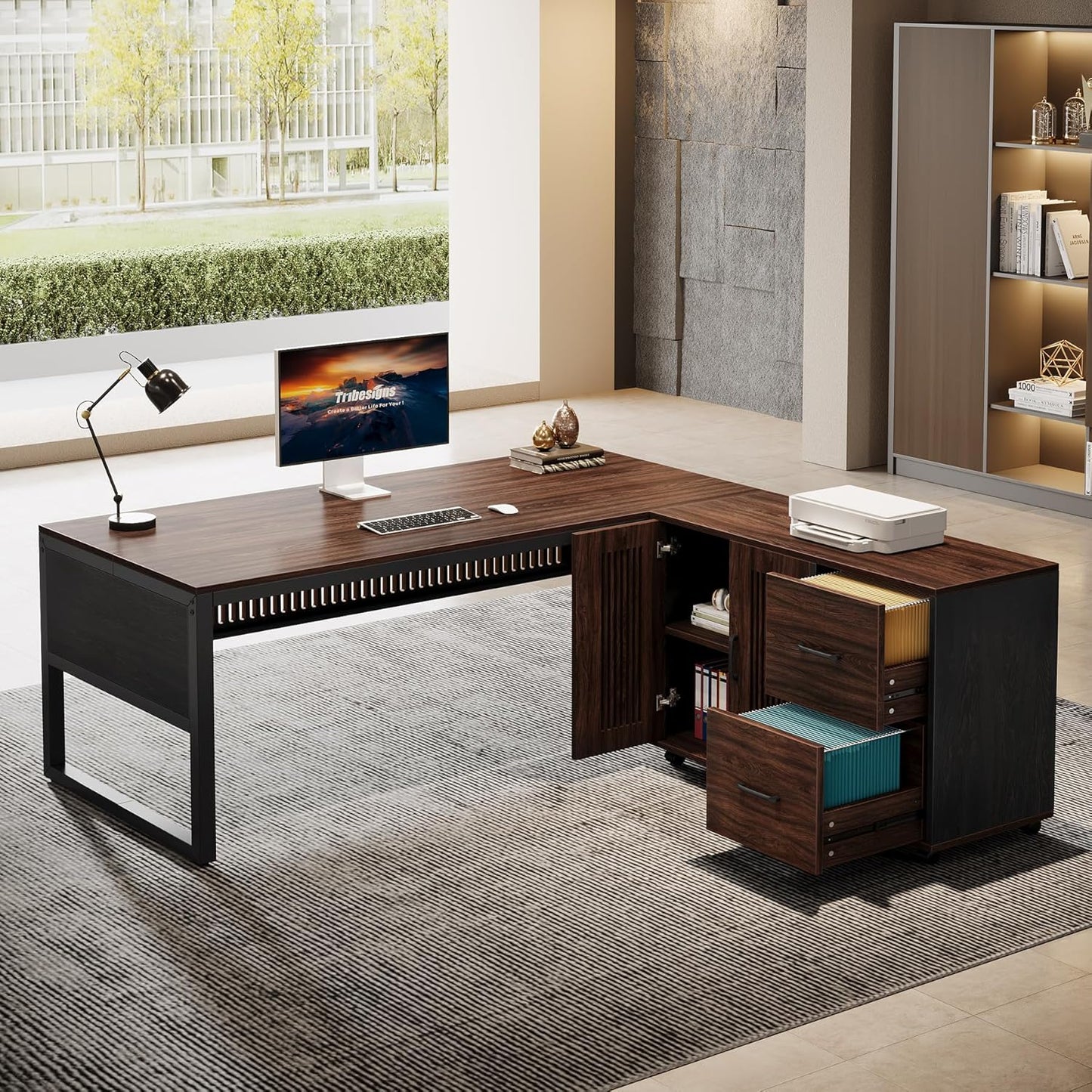 63-Inch L-Shaped Executive Desk with Mobile File Cabinet, Large Office Computer Desk, Business Furniture Table with Drawers and Storage Shelves for Home Office, Dark Walnut & Black