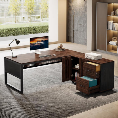 63-Inch L-Shaped Executive Desk with Mobile File Cabinet, Large Office Computer Desk, Business Furniture Table with Drawers and Storage Shelves for Home Office, Dark Walnut & Black