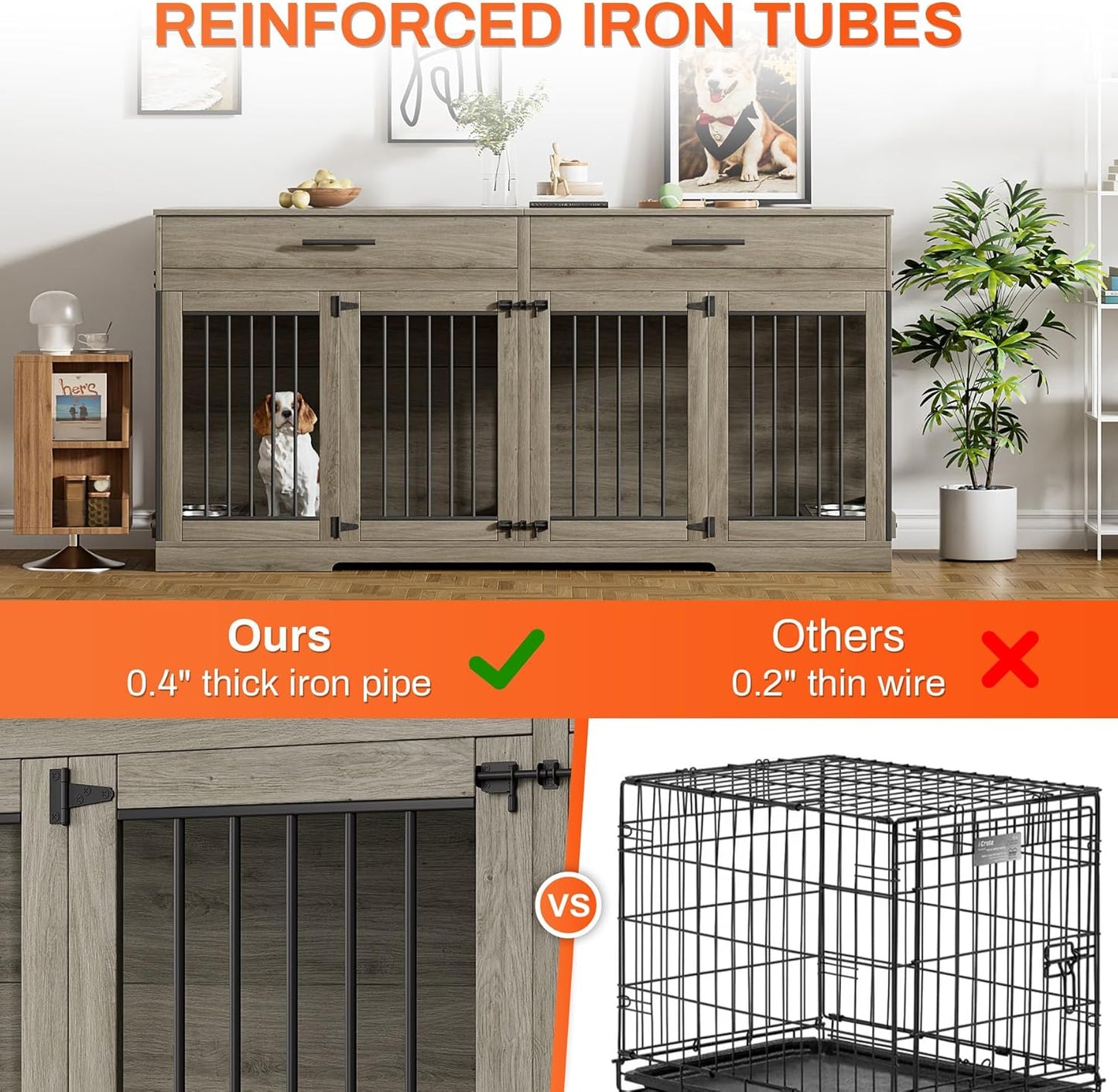 72" Dog Crate Furniture for 2 Dogs, Large Double Dog Kennel Indoor Furniture with 2 Storage Drawers and Removable Divider, Wooden Dog Cage with 4 Bowls, Dog House TV Stand for Medium Dog, Grey