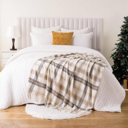 Fall Plaid Throw Blanket for Couch, Farmhouse Checkered Decor Throw, Lightweight Beige Throw Blankets for Bed Sofa Neutral Fall Decor, 50"X60"