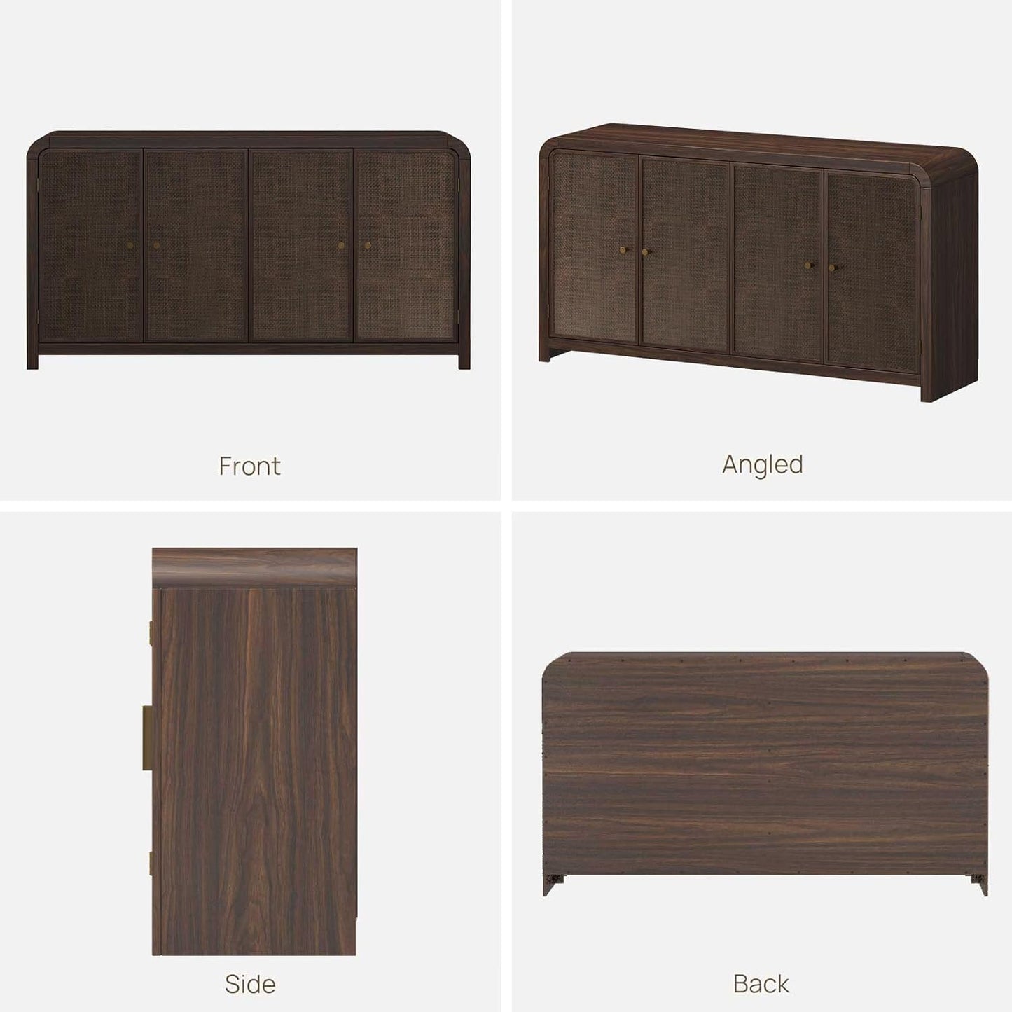 Oak Sideboard Buffet Cabinet with Storage, 60'' Boho Buffets & Sideboards with Adjustable Shelves, Rattan Sideboard Cabinet with 4 Doors for Living Room, Hallway & Kitchen