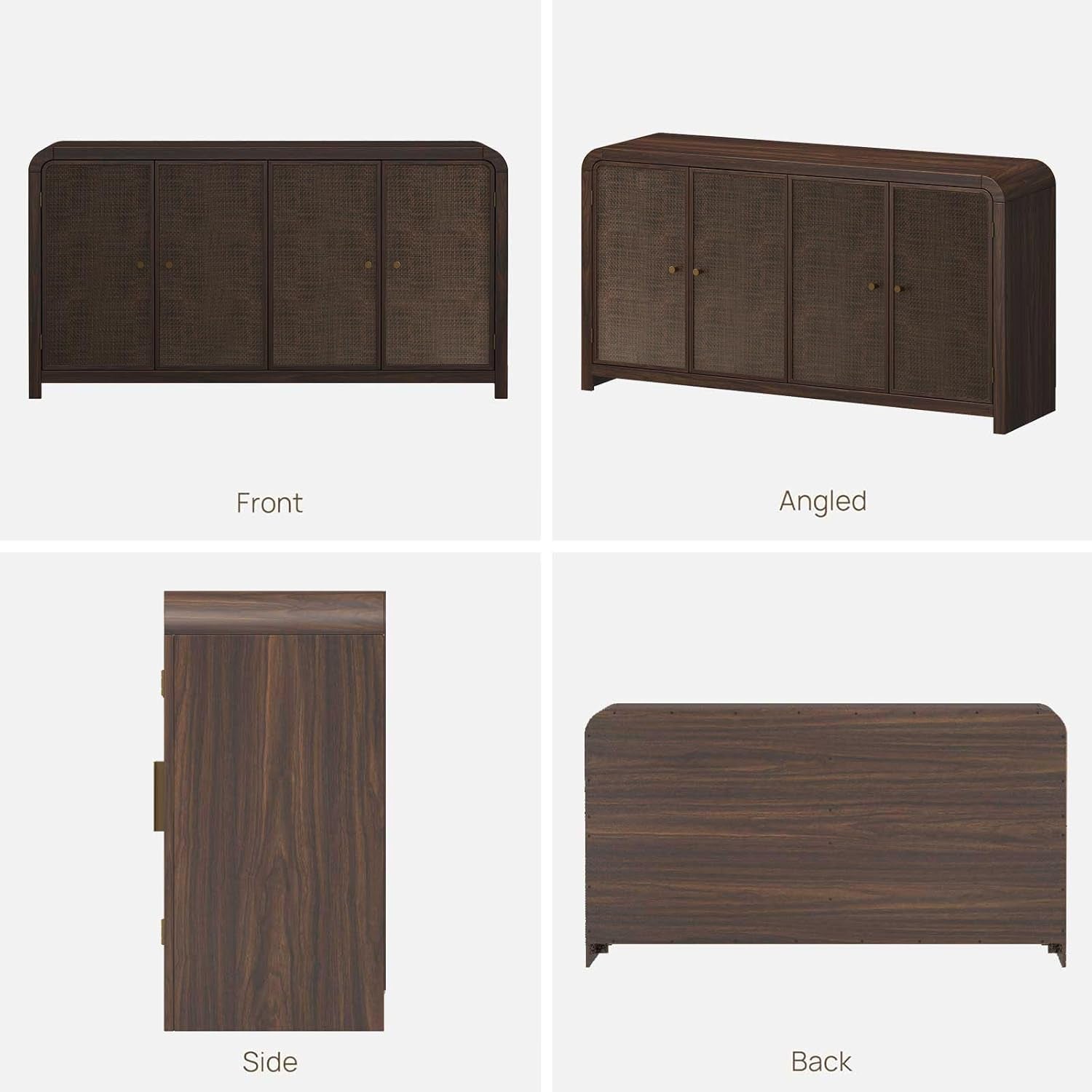 Oak Sideboard Buffet Cabinet with Storage, 60'' Boho Buffets & Sideboards with Adjustable Shelves, Rattan Sideboard Cabinet with 4 Doors for Living Room, Hallway & Kitchen