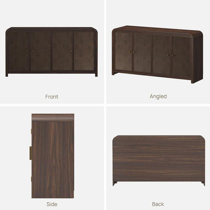 Oak Sideboard Buffet Cabinet with Storage, 60'' Boho Buffets & Sideboards with Adjustable Shelves, Rattan Sideboard Cabinet with 4 Doors for Living Room, Hallway & Kitchen
