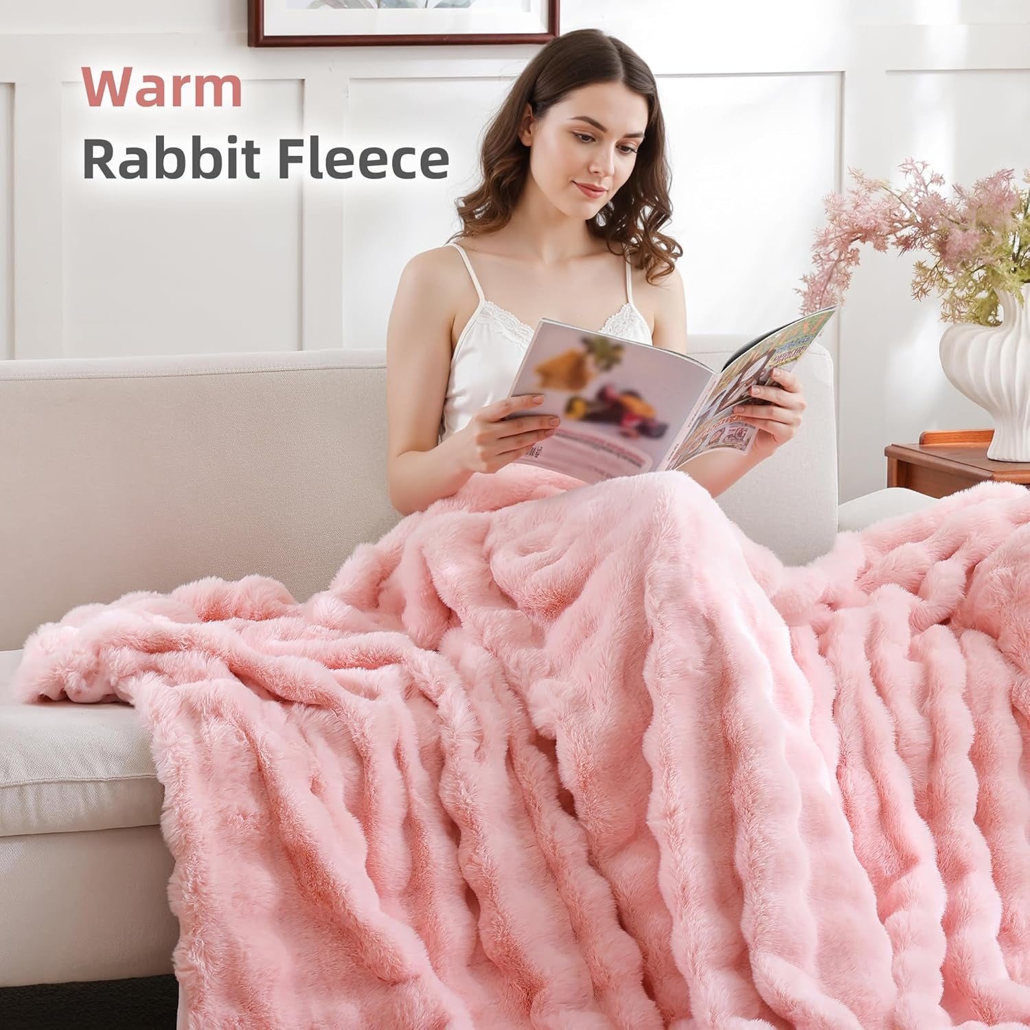 Faux Fur Throw Blanket for Couch – Blush Pink Fluffy Cozy Rabbit Fleece, Plush Soft Bubble Blanket for Sofa & Bed, for Mom, Warm Fuzzy Home Room Decor Throw 50" X 60"