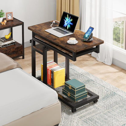 Small Portable Desk with Power Outlet, Height Adjustable Sofa Couch Bedside Laptop Table with Wheels, Mobile Standing Desk Rolling Computer Cart C Side Table with USB Ports